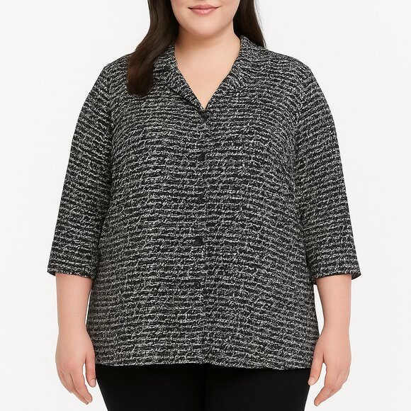 Catherines Petite Blouse 2XWP Black White Abstract Button Up Roll Tab Sleeve 2X - Picture 1 of 7